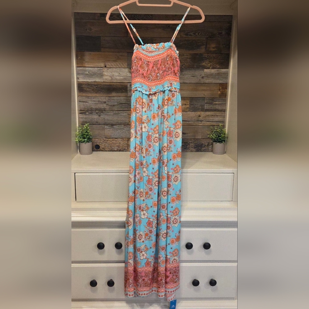 Cupshe Floral Maxi Dress With Cinched Ruffle Top- in Aqua & Coral - Picture 8 of 14